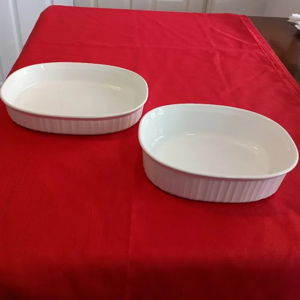 Two Corning ware French White Casserole Ovenware Dishes, F-6-B & F 12B - No lids